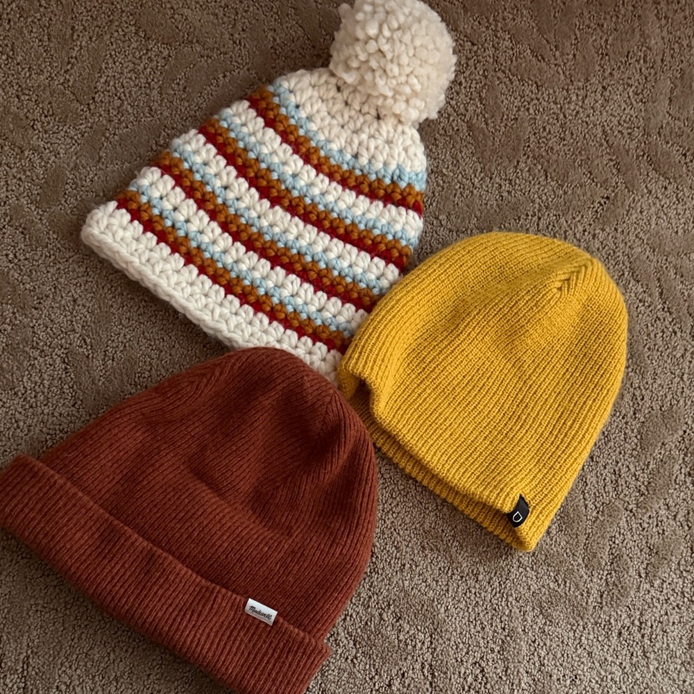 Madewell, Brixton and crochet Knit Beanies in Cream, Yellow, and Brown